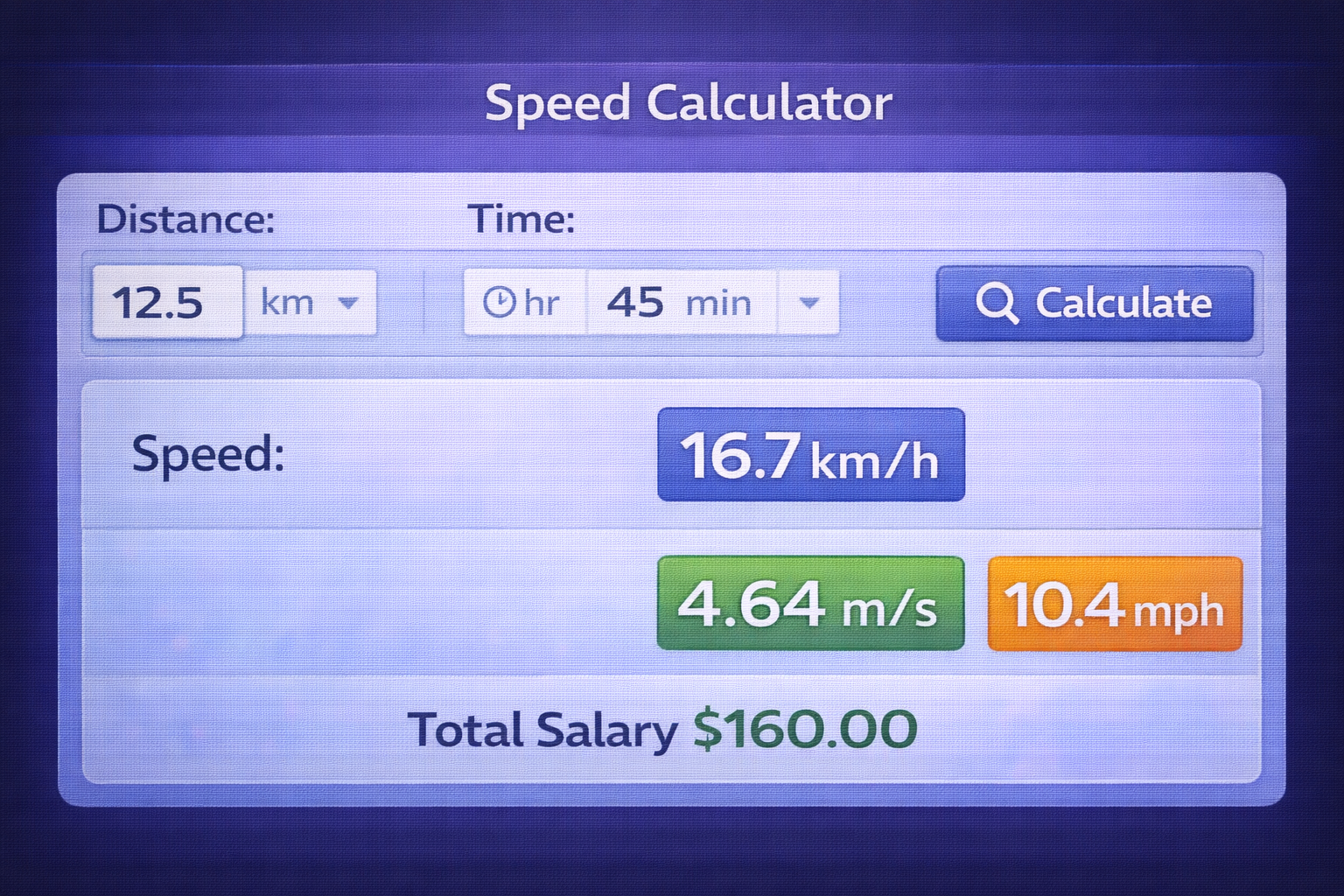 Free online speed calculator interface with distance time units and km/h m/s mph results